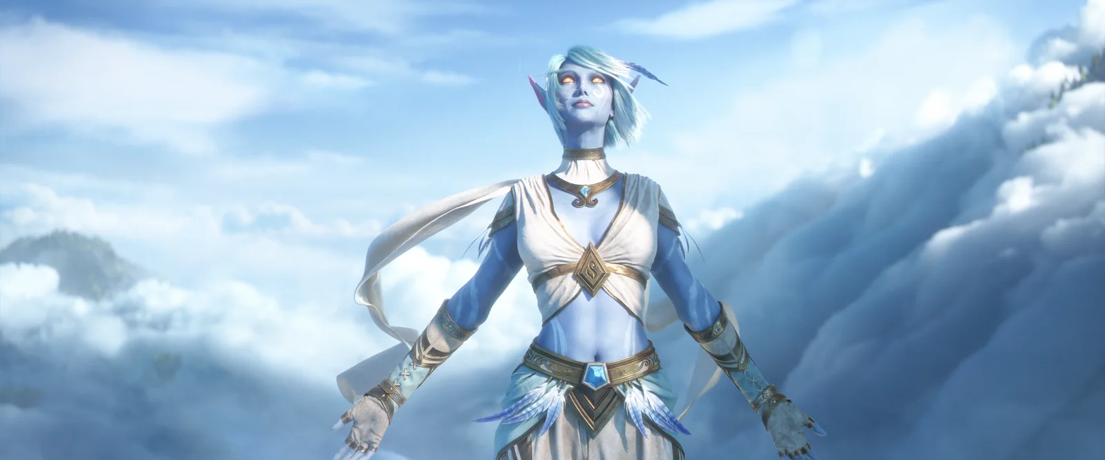 A Skyborne elf standing above the clouds